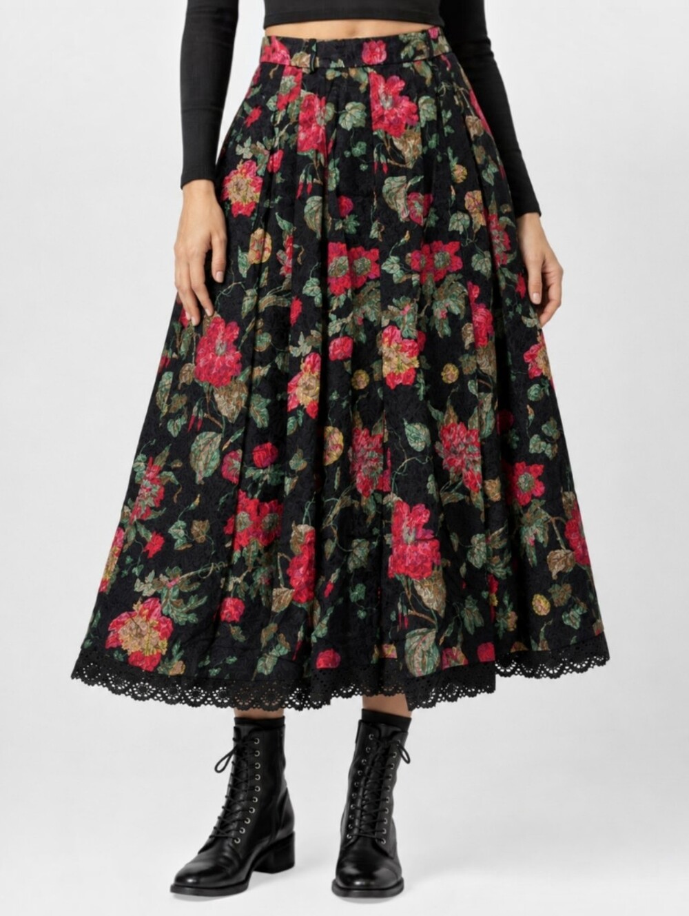 Vintage Berwin Wolff Trachtenrock Floral Pleated Midi Skirt Landhaus Lace EU 42